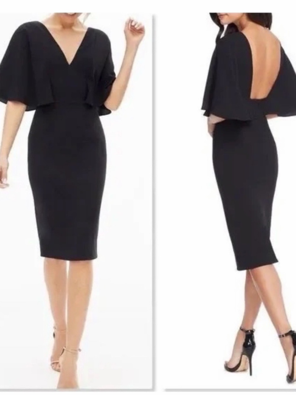 Dress the Population Elegant Black V-Neck Open-Back Midi Dress